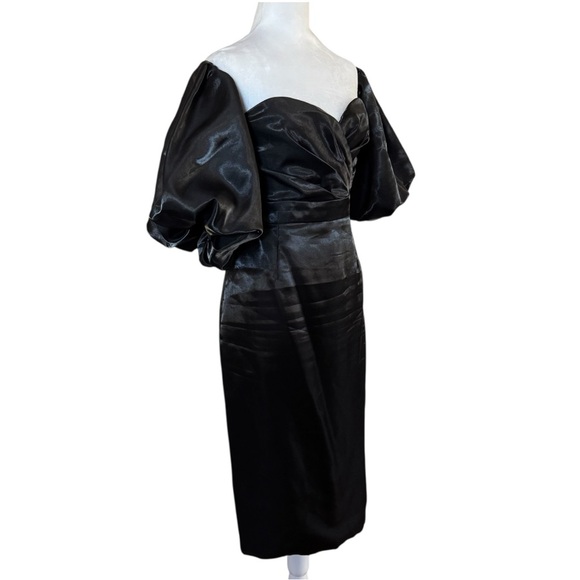 Beulah Style Black Off Shoulder Satin Midi Dress Puff Sleeves - Picture 5 of 16